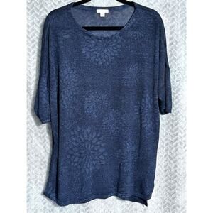 Pure Jill Soft Linen Knit Drop Sleeve in Navy Floral Design Size L Sheer Elegant